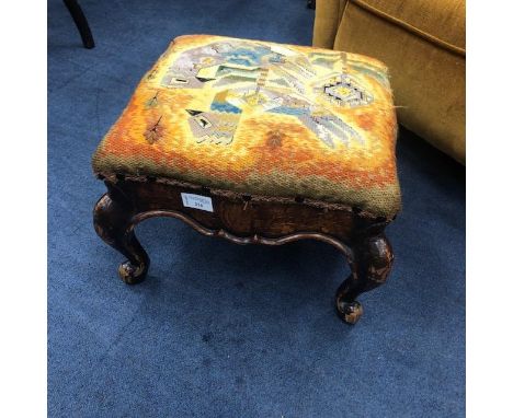 VICTORIAN MAHOGANY FOOTSTOOL, inlaid with Irish harp and clover motifs, 24cm high