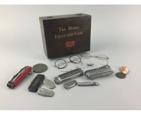 VINTAGE PEN KNIVES, along with spectacles, a corkscrew, medallions and other items