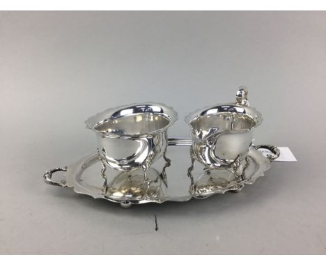 SILVER PLATED SUGAR AND CREAM, along with a card tray and flatware