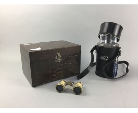PAIR OF VINTAGE OPERA GLASSES, in fitted case, along with a Grant Scotch Whisky trio of hip flasks, in carry case, a mahogany