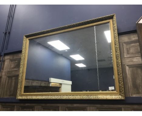 GILT FRAMED WALL MIRROR, 102cm x 71cm overall, along with a smaller gilt framed wall mirror and a carved wood wall mirror (3)