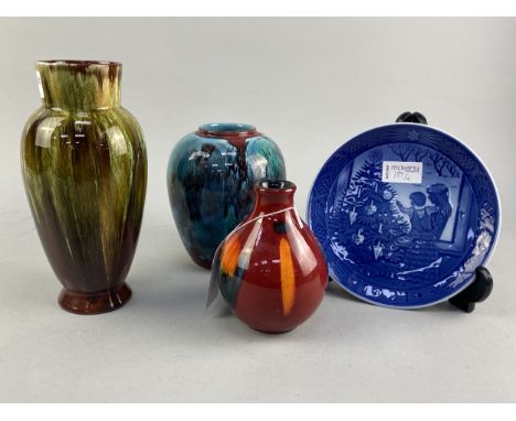 POOLE POTTERY FLAMBE VASE, 13cm high, along with another Poole vase, another vase and a Royal Copenhagen plate