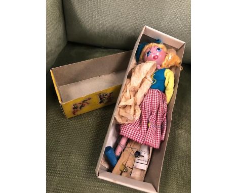 PELHAM PUPPET OF DUTCH GIRL, in original box, along with novelty coin bank and Hornby model train engines and carriages