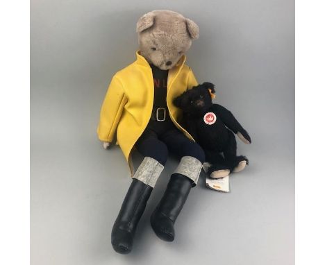 STEIFF CLASSIC TEDDY BEAR, in black, with tag to ear and labels, aprox 25cm long, along with a group of vintage and other ted