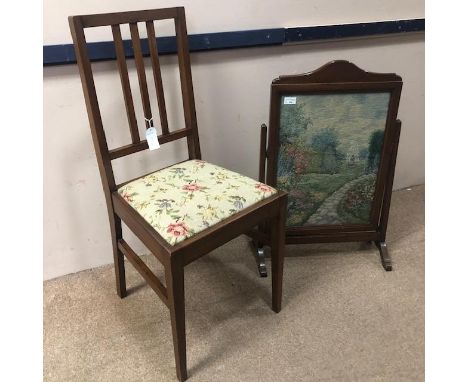 MAHOGANY FRAMED EMBROIDERED FIRESCREEN, 48cm wide, along with a mahogany chair, with floral upholstery (2)
