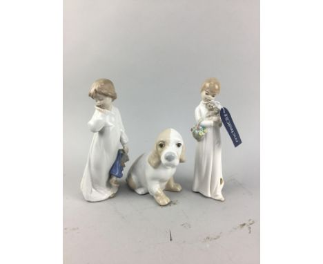 NAO FIGURE OF A GIRL, 21cm high, along with another figure of a girl, a figure of a dog and three continental ceramic figure 