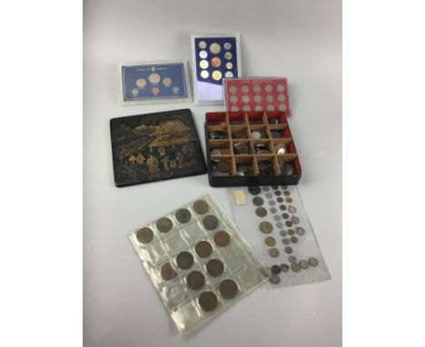 COLLECTION OF VINTAGE COINS, along with a Japanese laquered casket