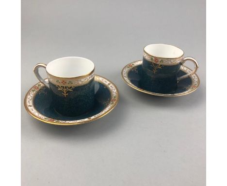 SET OF SIX ROYAL WORCESTER COFFEE CANS AND SAUCERS, with a Losol ware ewer, butter dish and a vase