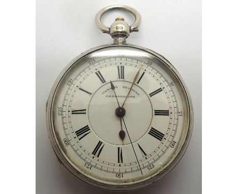 Centre seconds key wind chronograph silver pocket watch, Chester silver case, with key, working at lotting. Case D: 53 mm. P&