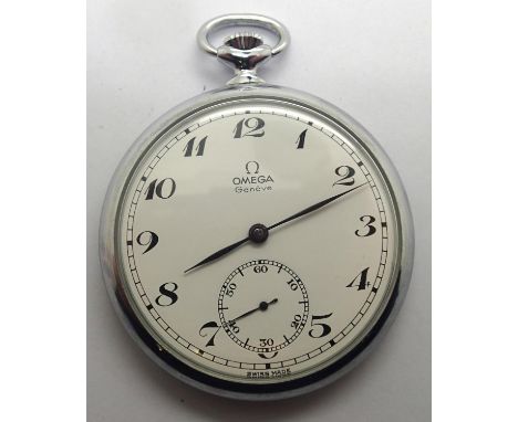 Omega crown wind chrome pocket watch, working at lotting. Case D: 47 mm. P&amp;P Group 1 (£14+VAT for the first lot and £1+VA