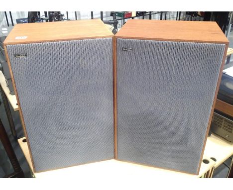Pair of Richard Allan Pavane three way speakers, 12 inch bass drivers, midrange and tweeter, fully restored, light oiled teak