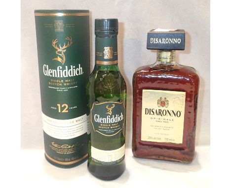Bottle of Disaronno and a boxed half bottle of 12 Year old Glenfiddich. P&amp;P Group 3 (£25+VAT for the first lot and £5+VAT