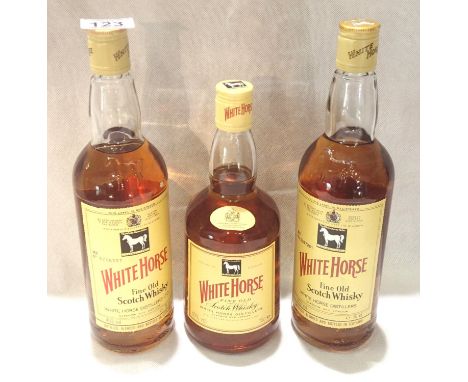 Three bottles of White Horse Scotch Whisky. P&amp;P Group 3 (£25+VAT for the first lot and £5+VAT for subsequent lots) 