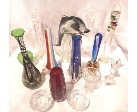 Mixed glassware including vases, a thermometer and a dolphin, tallest H: 33 cm. P&amp;P Group 3 (£25+VAT for the first lot an