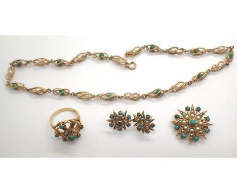 9ct gold turquoise and pearl earrings, ring (size P/Q), brooch and necklace set, combined 30.2g. P&amp;P Group 1 (£14+VAT for