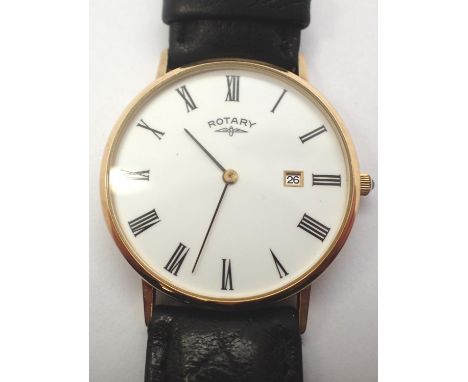 Rotary; gents 9ct gold quartz wristwatch on a leather strap. Not working at lotting. P&amp;P Group 1 (£14+VAT for the first l