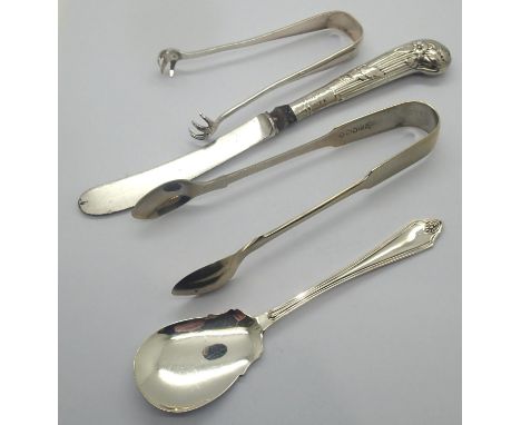 Two hallmarked pairs of sugar tongs and a hallmarked silver spoon, combined 85g. P&amp;P Group 1 (£14+VAT for the first lot a