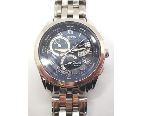 Citizen; Eco Drive gents perpetual calendar wristwatch, on stainless steel bracelet, new in box with instructions, working at