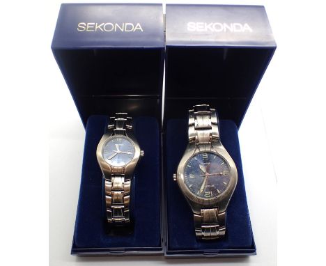 Two Sekonda his and hers matching wristwatches, on stainless steel bracelets, working at lotting, boxed. P&amp;P Group 1 (£14