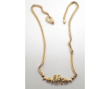 14ct gold flat neck chain with central Elephant design set with two diamonds for eyes, chain L: 43 cm, 24.0g. P&amp;P Group 1