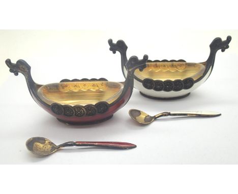 Pair of Norwegian red and white enamelled 925 silver gilt salts with glass liners and spoons, no losses to enamel, some gilt 