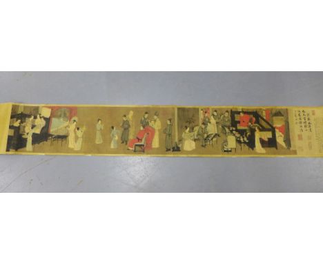 A Chinese scroll depicting a scene from the Night Revels of Hans Xizai, overall length approx 360cm 