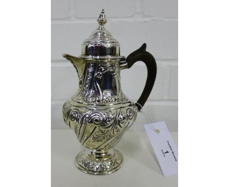 Victorian silver chocolate pot with fluted and  foliate decoration, with domed hinged top and finial, on circular pedestal fo