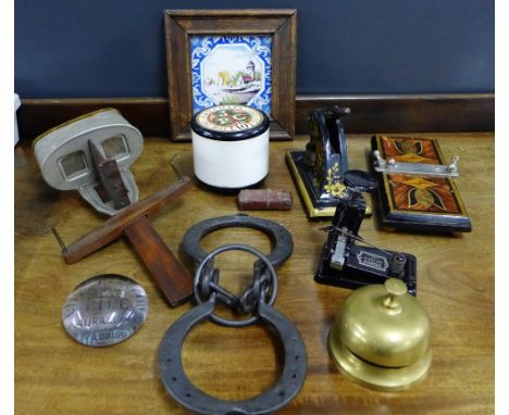 A mixed lot to include a brass desk bell, a 19th century punch, a press, a painted tile, City of Glasgow Life Assurance Compa