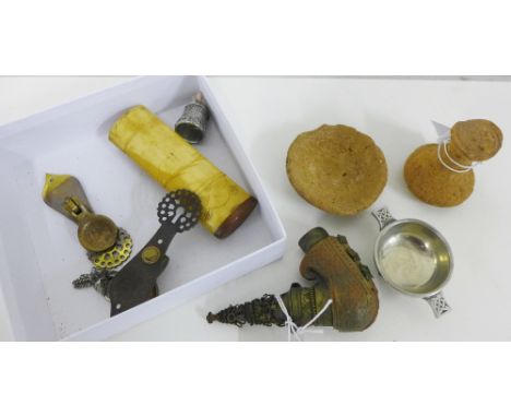 A mixed lot to include a miniature pewter quaich, terracotta Roman type pottery, an Eastern pipe, brass door ornaments and a 