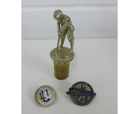 A Mappin & Webb silver and enamel  golf badge, a pewter golfer bottle cork and a Catford enamel badge (3) 