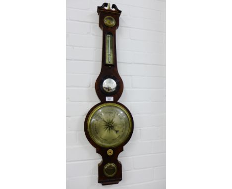 A 19th century mahogany cased mercury banjo barometer with a swan neck pediment, hydrometer, thermometer, silvered dial and b