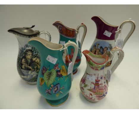 Five Prattware jugs, baluster form, variously decorated with transfer printed images including Etruscan Vases pattern, floral