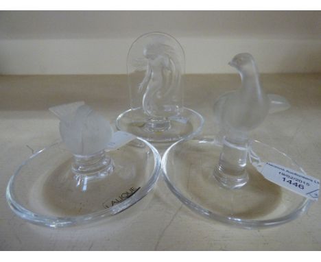 Three modern Lalique ring dishes 'Lalique France' etched to base: Sea-Maiden, Dove and Wren 