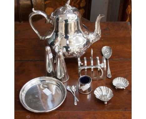 A collection of silver and silver plate including two shell moulded silver salt cellars, Sheffield; together with teapot, toa