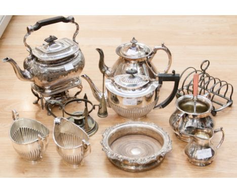 A parcel lot of holloware including teapot on stand