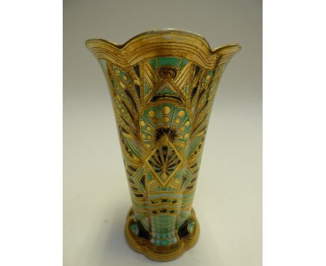 A Noritake fluted 1920s Art Deco vase, decorated with hand painted geometric shapes. black, green, orange with gilded highlig