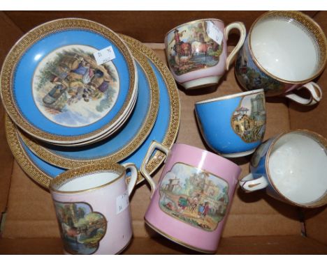 A collection of Prattware including blue and pink ground, decorated with various transfer images, mostly pastoral; tea cups, 