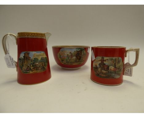 Three items of red ground Prattware including jug, mug and slop bowl, circa 1870, decorated with transfer printed scene Halt 