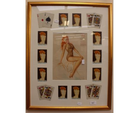 Framed World War Two risque playing cards, etc 