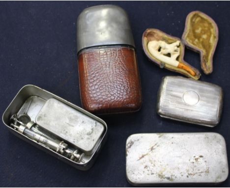 An early 20th Century nursing syringe, etc in metal tin; a pewter topped hip flask; silver cigarette case (2.25 ozt approx) a