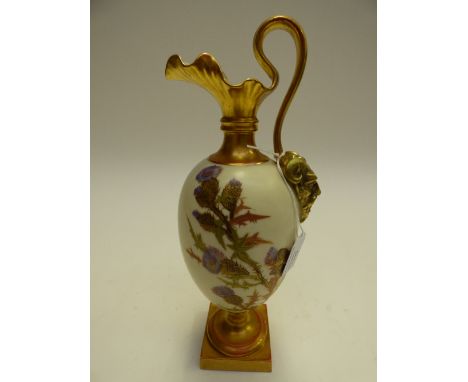 A Royal Worcester ewer, shape No. 1144, with gilt highlighted Scottish Thistles and other flowers painted on Ivory ground, Ba