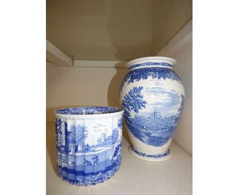 A tall Wedgwood blue and white baluster vase; together with a Spode blue Italian ribbed jardiniere (2) 