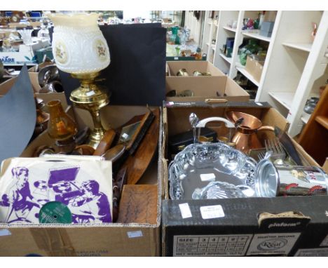 Two boxes of metalwares, treen, etc, including a brass oil lamp, singles, records, etc 