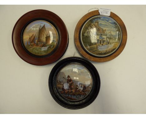 A collection of Prattware pot lids including the Shrimpers (63), Belle Vue Tavern with carriage (28) and Hauling in the Trawl