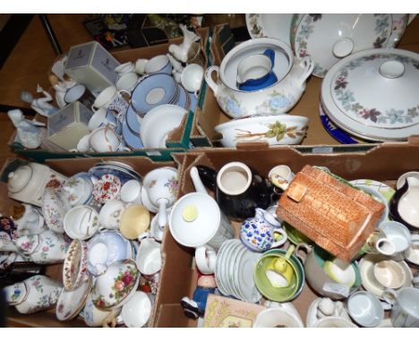 Four boxes of ceramics to include boxed Lladro bells, Doulton four part tea service, Royal Worcester, Wedgwood, Aynsley, Roya