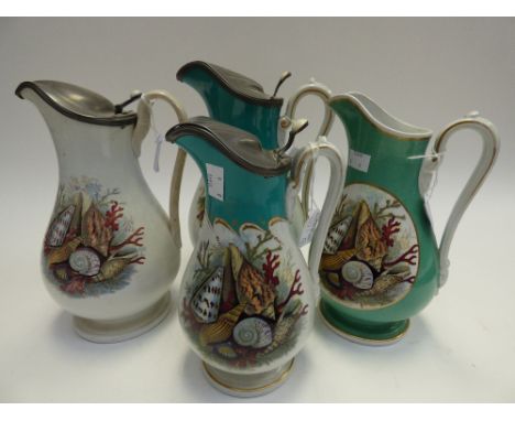 Four graduated Prattware jugs of baluster form each with Shell motif  and various other decoration, some with metal lids, tal