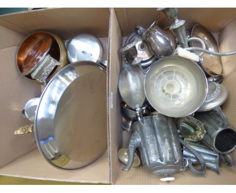 Two boxes of assorted silver plated ware, including a Victorian part tea service, candelabra, a modern part tea service, etc,