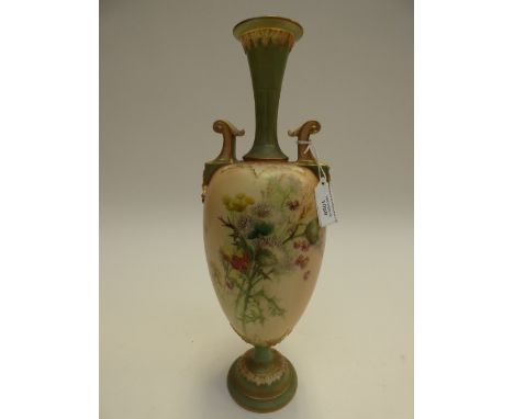 A Royal Worcester vase, shape No. 1935 of classical form, with trumpet shaped neck, scroll handles, the main body painted wit