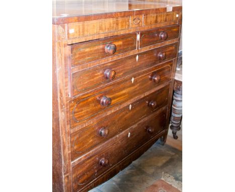 A George III mahogany secretaire, circa 1810, the secretaire section in the form of dummy drawers opening to reveal drawers a