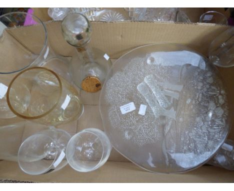 A Bavarian frosted glass cake stand, Darlington glass (red wine glasses) vases, a decanter and etched glass vase and a pair o